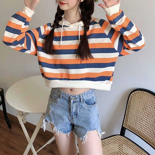 Stripes Printing Drawstring Loose Type Hoodie - Orange image