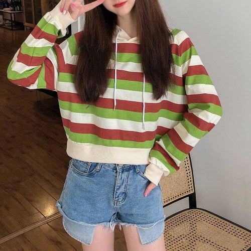 Stripes Printing Drawstring Loose Type Hoodie - Green image