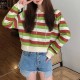 Stripes Printing Drawstring Loose Type Hoodie - Green image