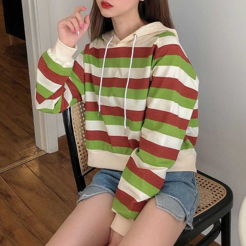 Stripes Printing Drawstring Loose Type Hoodie - Green image