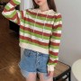 Stripes Printing Drawstring Loose Type Hoodie - Green