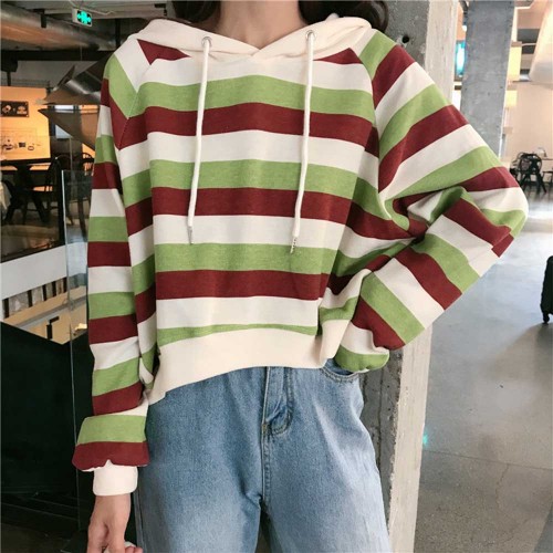 Stripes Printing Drawstring Loose Type Hoodie - Green image