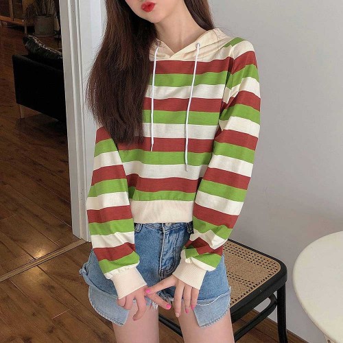 Stripes Printing Drawstring Loose Type Hoodie - Green image