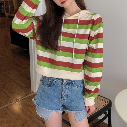 Stripes Printing Drawstring Loose Type Hoodie - Green image