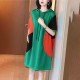 Short Sleeve Mid Length Drawstring Color Block Hoodie - Green image