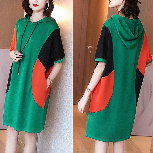 Short Sleeve Mid Length Drawstring Color Block Hoodie - Green image