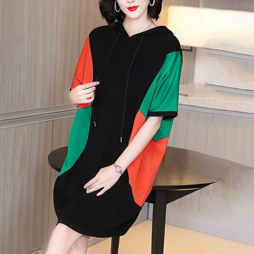 Short Sleeve Mid Length Drawstring Color Block Hoodie - Black image
