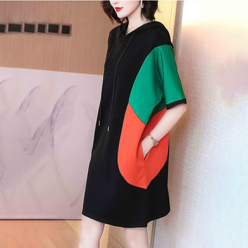 Short Sleeve Mid Length Drawstring Color Block Hoodie - Black image