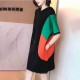 Short Sleeve Mid Length Drawstring Color Block Hoodie - Black image