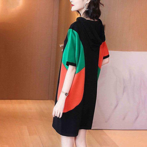 Short Sleeve Mid Length Drawstring Color Block Hoodie - Black image