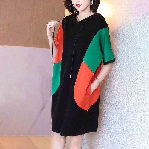 Short Sleeve Mid Length Drawstring Color Block Hoodie - Black image