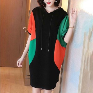 Short Sleeve Mid Length Drawstring Color Block Hoodie - Black