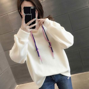 College Style Trendy Long Sleeve  Women Hoodie - Cream