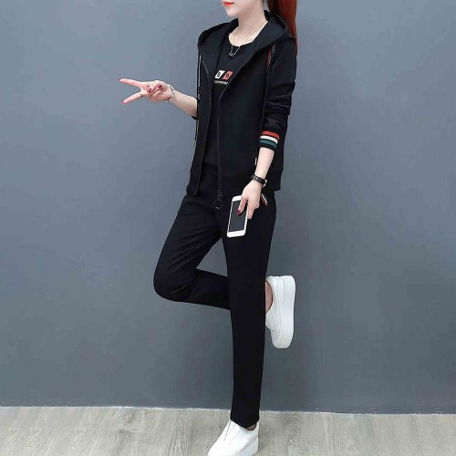 Casual Style Zipper Closure Women Hooded Tracksuit - Black image