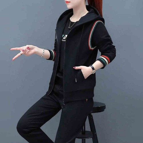 Casual Style Zipper Closure Women Hooded Tracksuit - Black image