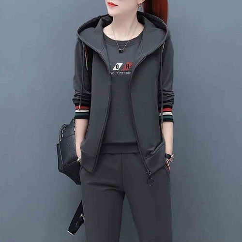 Casual Style Zipper Closure Women Hooded Tracksuit - Grey image