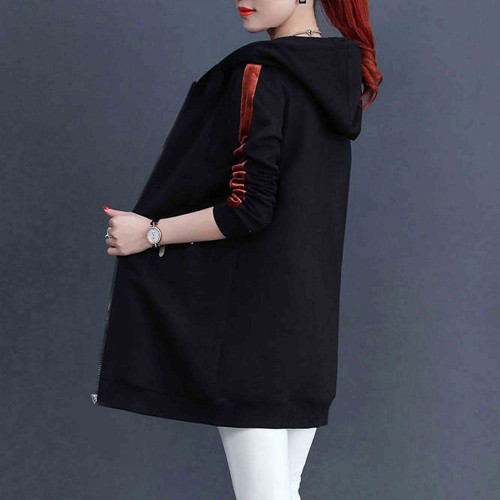 Casual Style Alphabet Printing Zip Up Long Hoodie - Black image