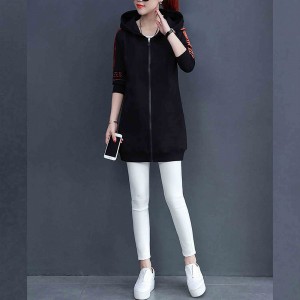 Casual Style Alphabet Printing Zip Up Long Hoodie - Black