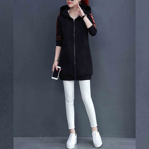 Casual Style Alphabet Printing Zip Up Long Hoodie - Black image