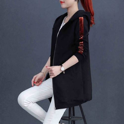 Casual Style Alphabet Printing Zip Up Long Hoodie - Black image