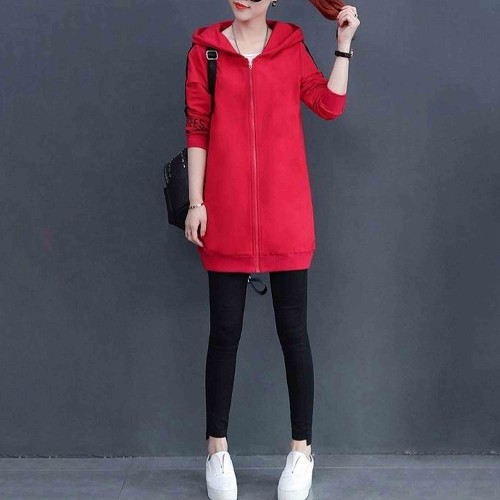 Casual Style Alphabet Printing Zip Up Long Hoodie - Red image