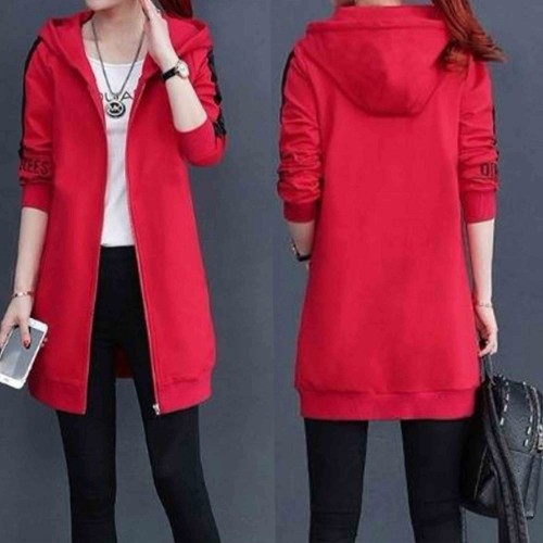 Casual Style Alphabet Printing Zip Up Long Hoodie - Red image