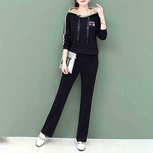 Sports Long Sleeve Drawstring Hooded Tracksuit - Black image