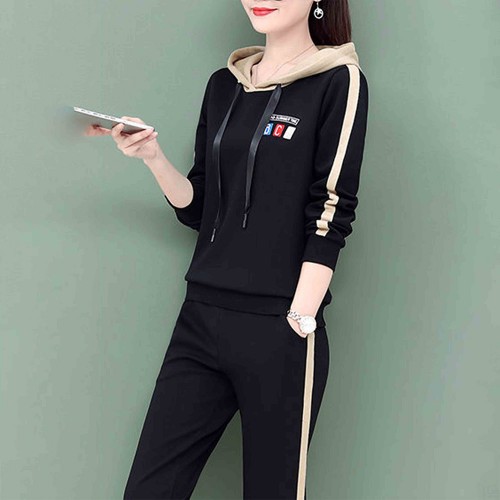 Sports Long Sleeve Drawstring Hooded Tracksuit - Black image