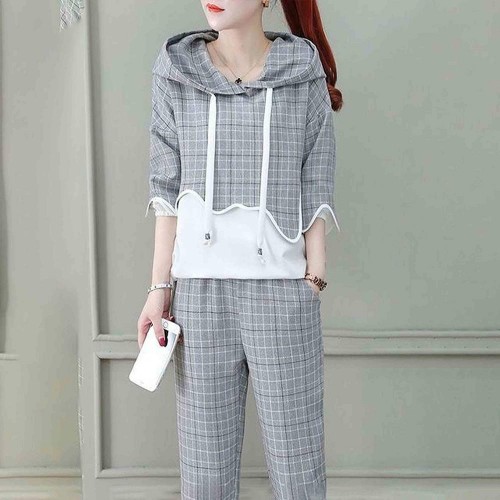 Drawstring Casual Style Hooded Women Tracksuit - Grey image
