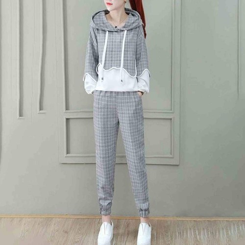 Drawstring Casual Style Hooded Women Tracksuit - Grey image