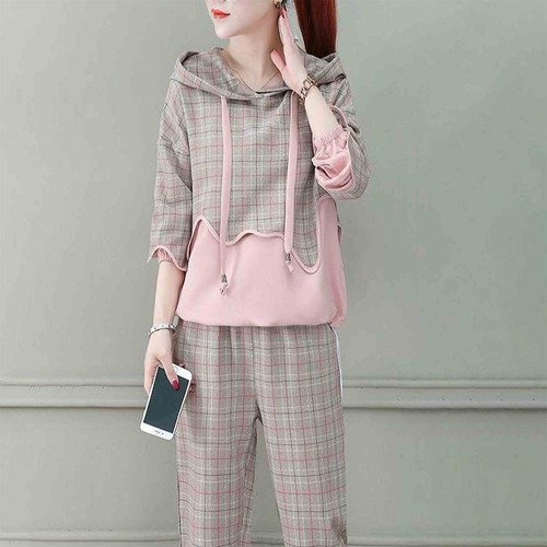Drawstring Casual Style Hooded Women Tracksuit - Pink image