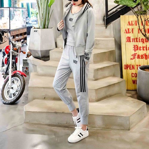 Sports Long Sleeve Alphabet Printing Three Piece Hooded Tracksuit - Grey image