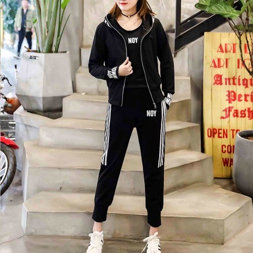 Sports Long Sleeve Alphabet Printing Three Piece Hooded Trick Suite - Black image