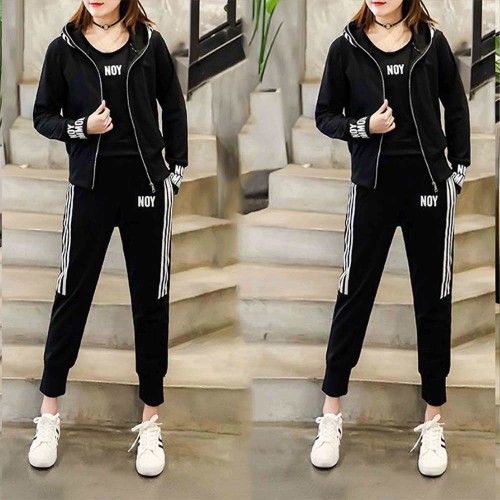 Sports Long Sleeve Alphabet Printing Three Piece Hooded Trick Suite - Black image