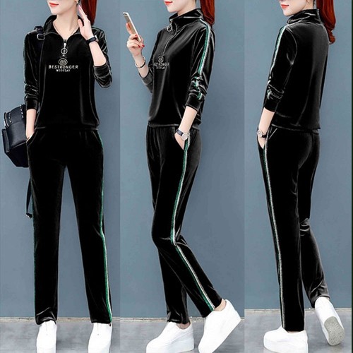 Sports Style Velvet Zip Closing High Neck Casual Tracksuit - Black image