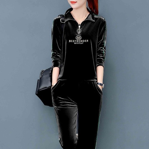 Sports Style Velvet Zip Closing High Neck Casual Tracksuit - Black image