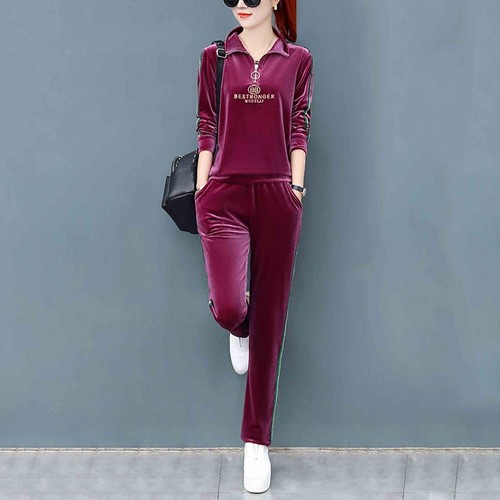 Sports Style Velvet Zip Closing High Neck Casual Tracksuit - Red image