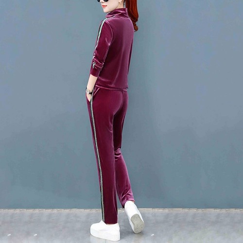 Sports Style Velvet Zip Closing High Neck Casual Tracksuit - Red image