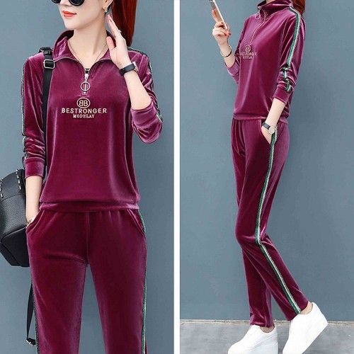 Sports Style Velvet Zip Closing High Neck Casual Tracksuit - Red image