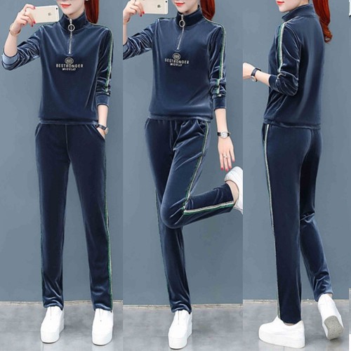 Sports Style Velvet Zip Closing High Neck Casual Tracksuit - Blue image