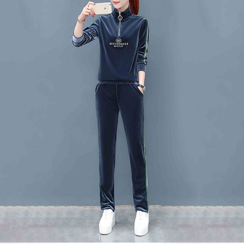 Sports Style Velvet Zip Closing High Neck Casual Tracksuit - Blue image