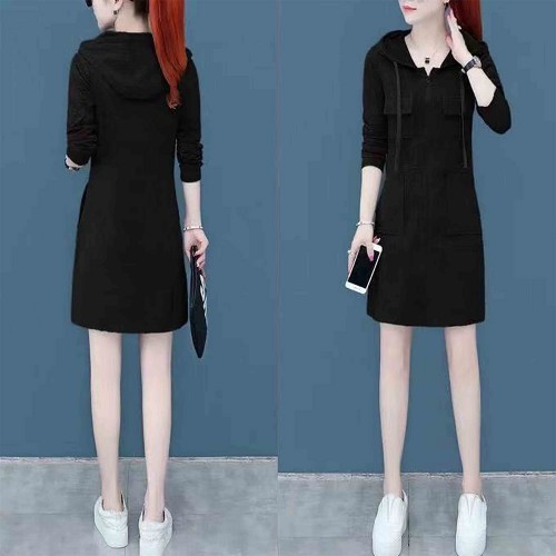 Elegant Style Mid Length Double Pocket Drawstring Hoodie - Black image