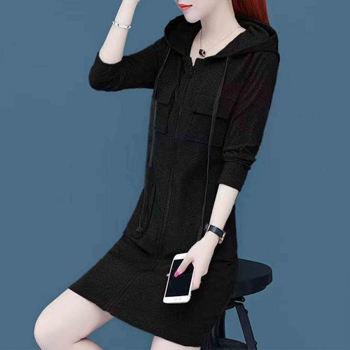 Elegant Style Mid Length Double Pocket Drawstring Hoodie - Black image