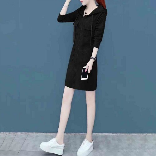 Elegant Style Mid Length Double Pocket Drawstring Hoodie - Black image