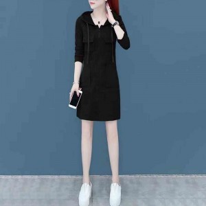 Elegant Style Mid Length Double Pocket Drawstring Hoodie - Black