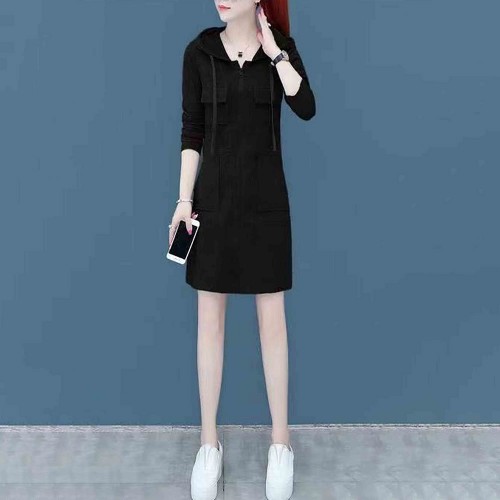 Elegant Style Mid Length Double Pocket Drawstring Hoodie - Black image
