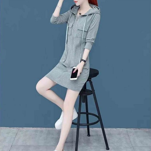 Elegant Style Mid Length Double Pocket Drawstring Hoodie - Grey image