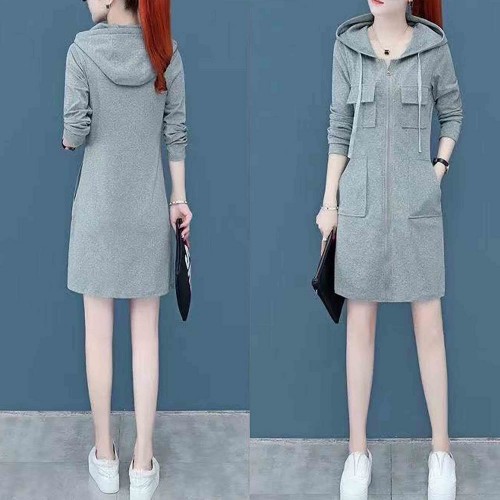 Elegant Style Mid Length Double Pocket Drawstring Hoodie - Grey image
