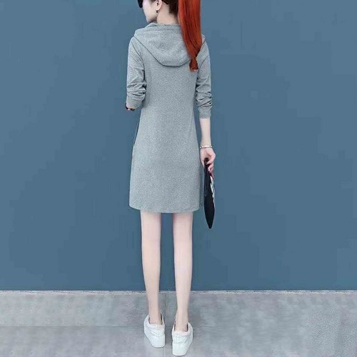 Elegant Style Mid Length Double Pocket Drawstring Hoodie - Grey image