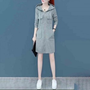 Elegant Style Mid Length Double Pocket Drawstring Hoodie - Grey